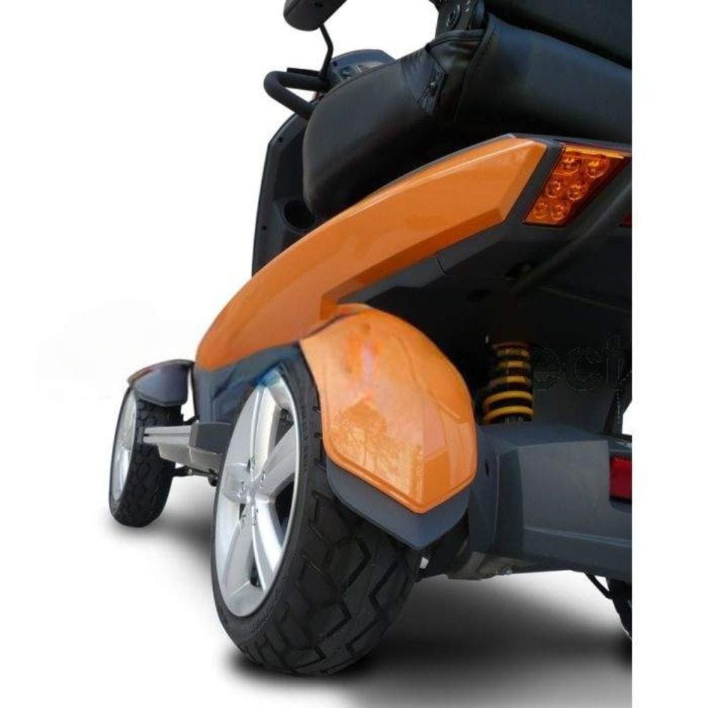 Close-up of a scooter with orange fender and black seat on a white background