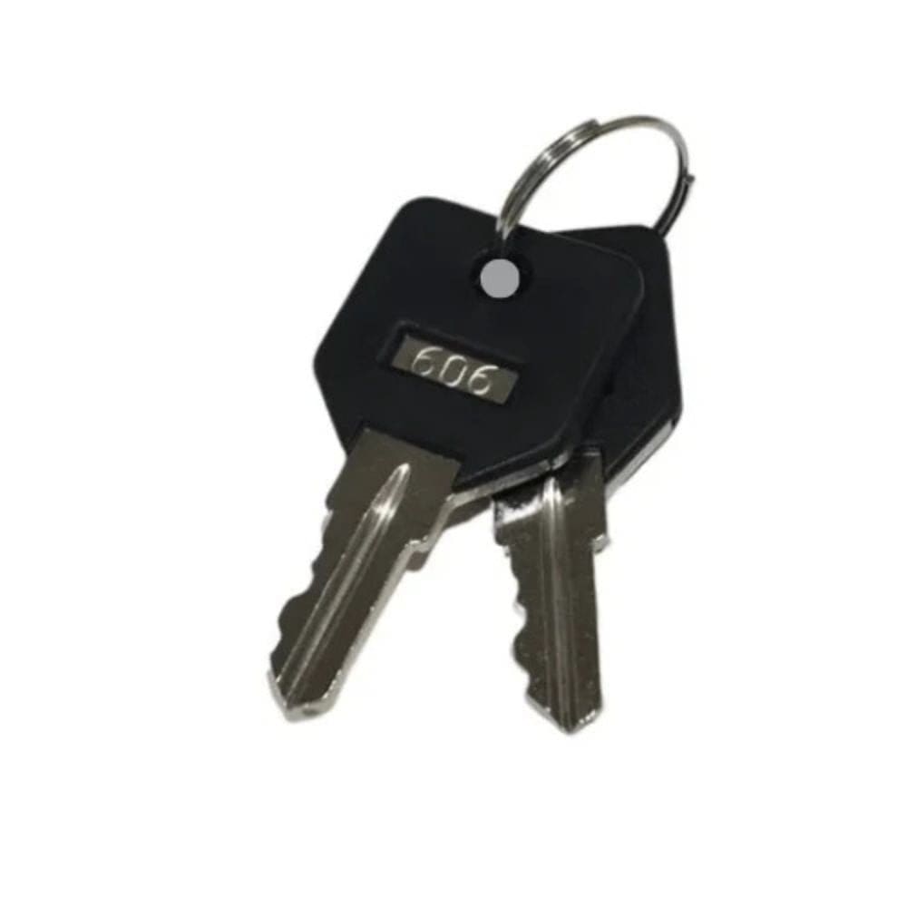 Black keychain with two keys on a white background