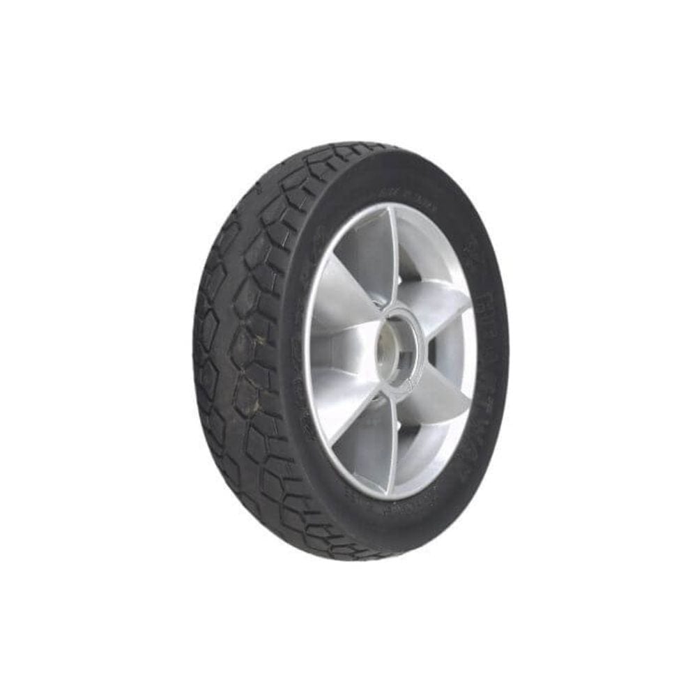 Tire with a silver rim on a white background