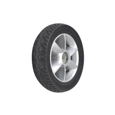 Tire with a silver rim on a white background