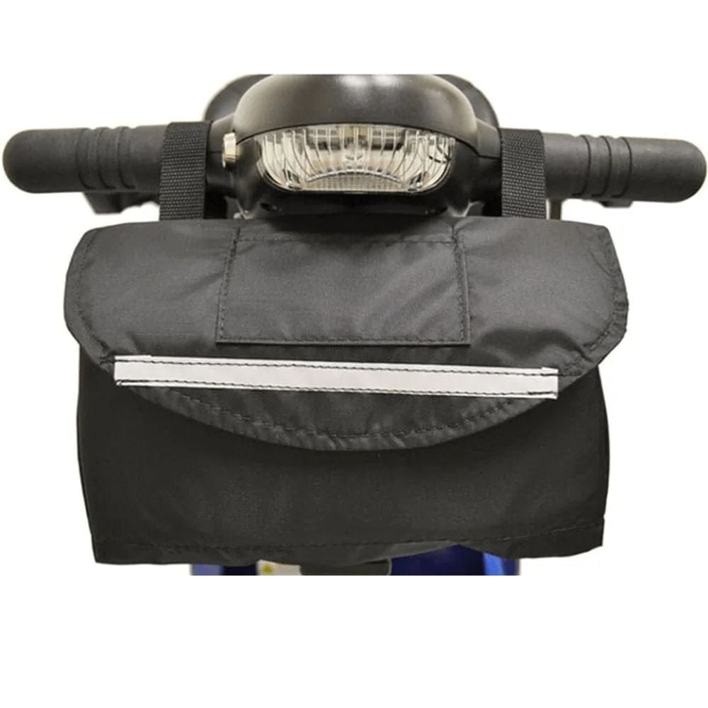 Black motorcycle handlebar bag attached to a bike with a white background