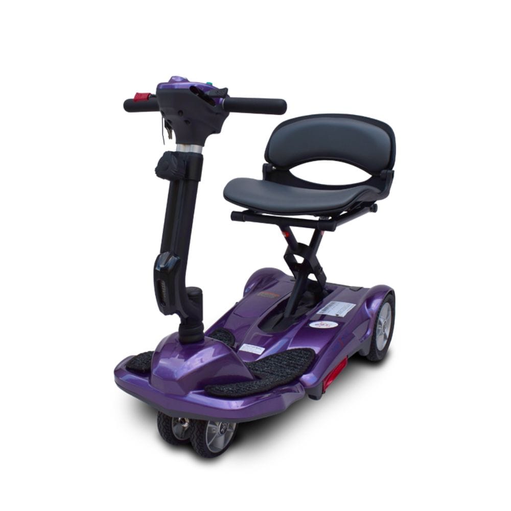 Purple mobility scooter with a seat on a white background