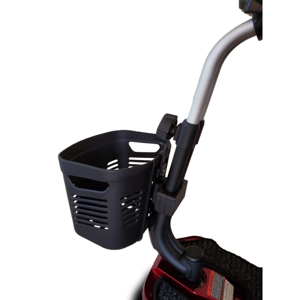 Black basket attached to a golf cart handle on a white background