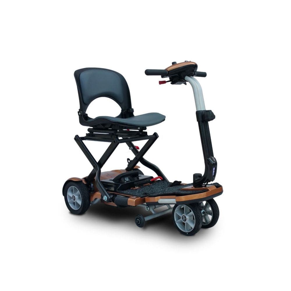 Mobility scooter with a gray seat on a white background