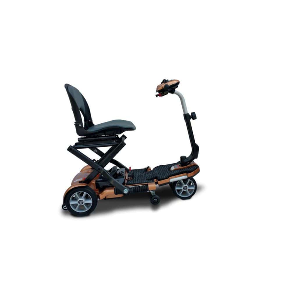Mobility scooter with a black seat and brown frame on a white background