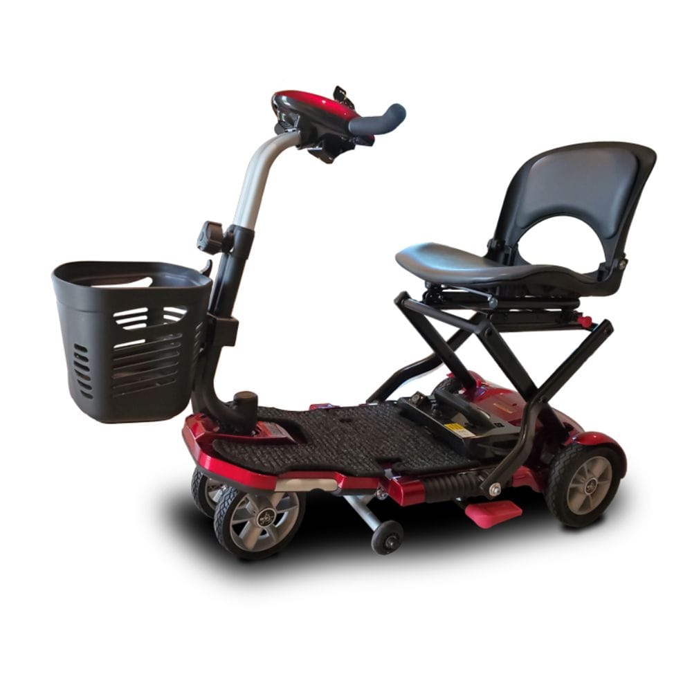 Mobility scooter with a seat and basket on a white background