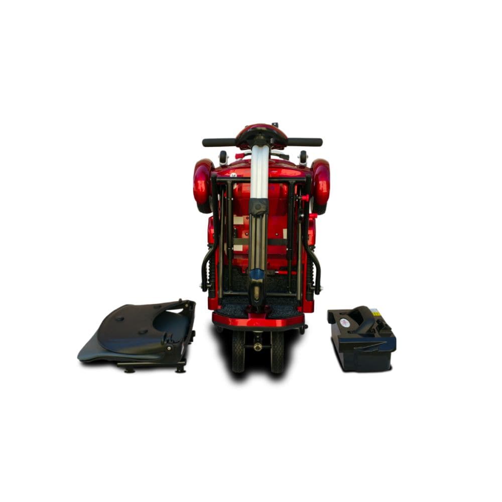 Red motorcycle with black foot pegs on a white background