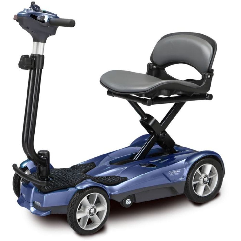 Blue mobility scooter with a seat on a white background