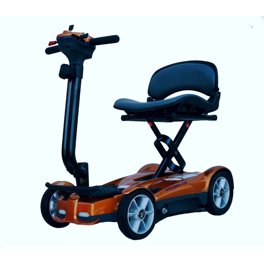 Orange and black mobility scooter with a seat on a white background