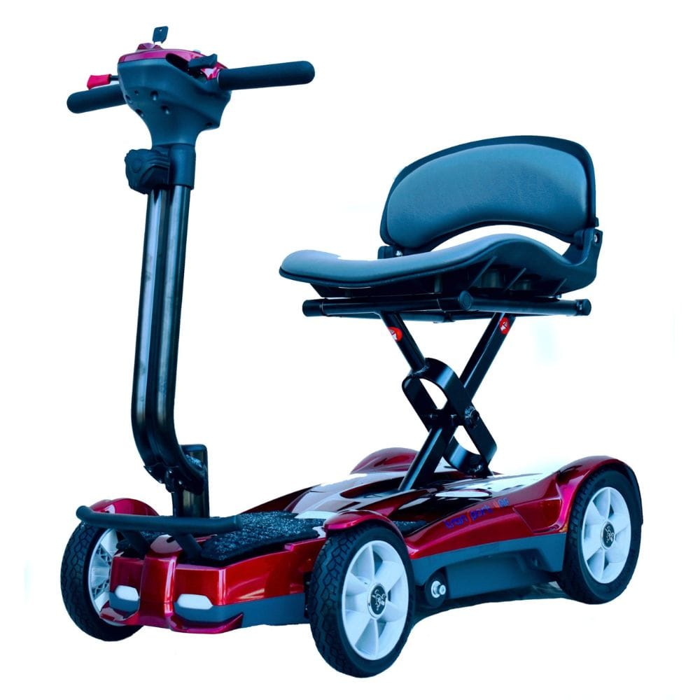Red and black mobility scooter with a seat on a white background