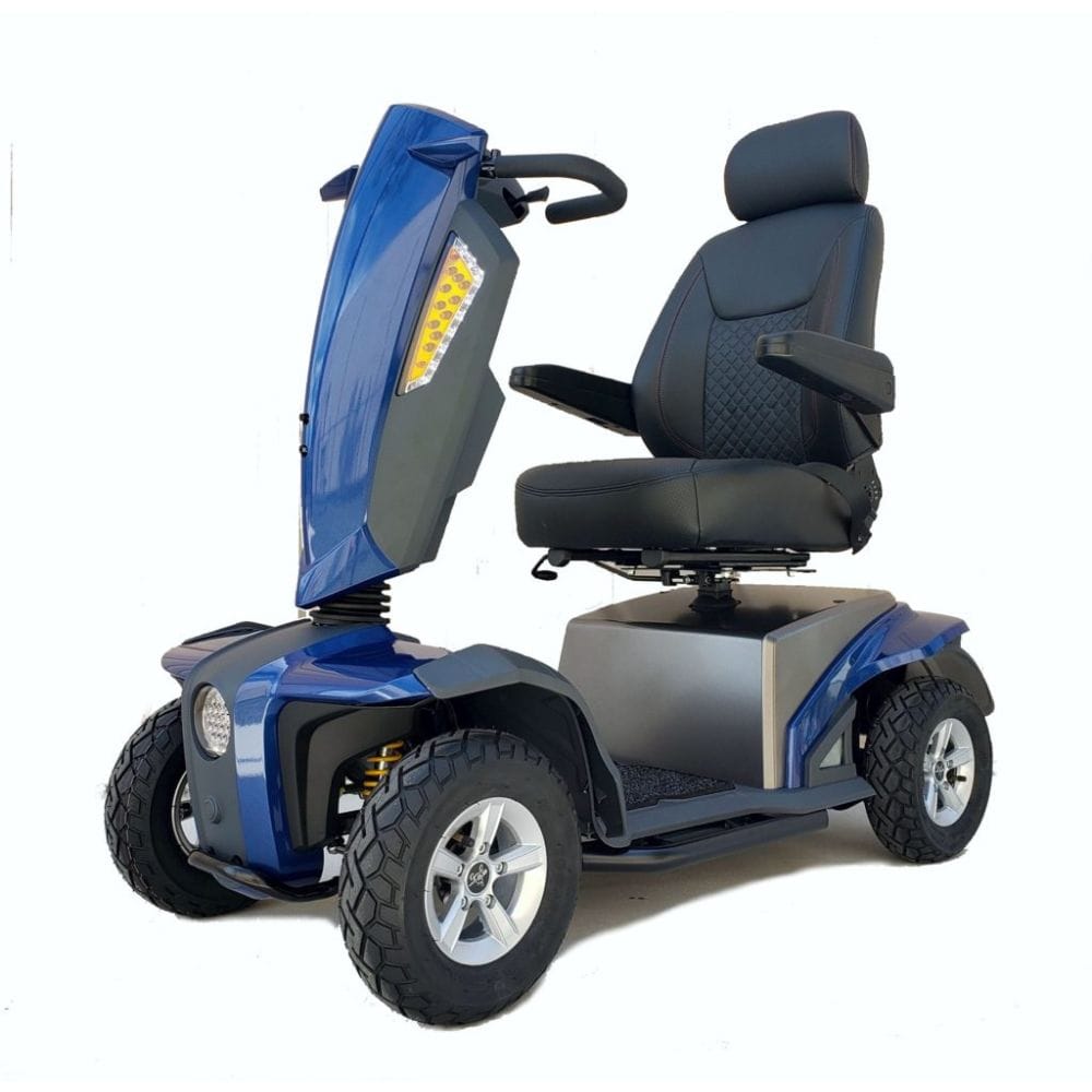 Blue and gray mobility scooter on a white background