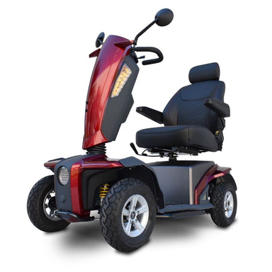 Red and black mobility scooter on a white background