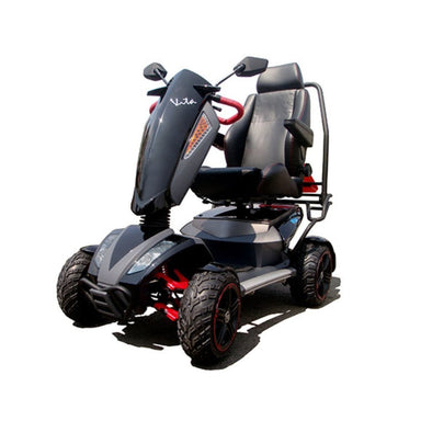 Black mobility scooter with red accents on a white background