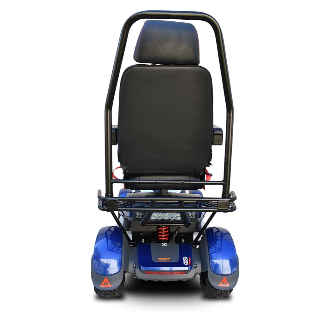 Mobility scooter with a black seat and blue wheels on a white background