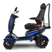 Blue and black mobility scooter with a large seat on a white background