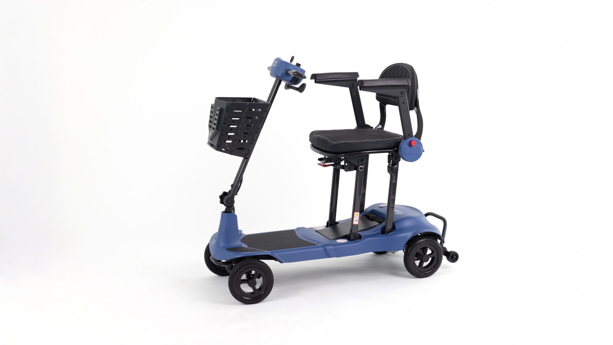 Monarch Mobility Genie Ultralight folding mobility scooter in Blue with basket and fold-down armrests