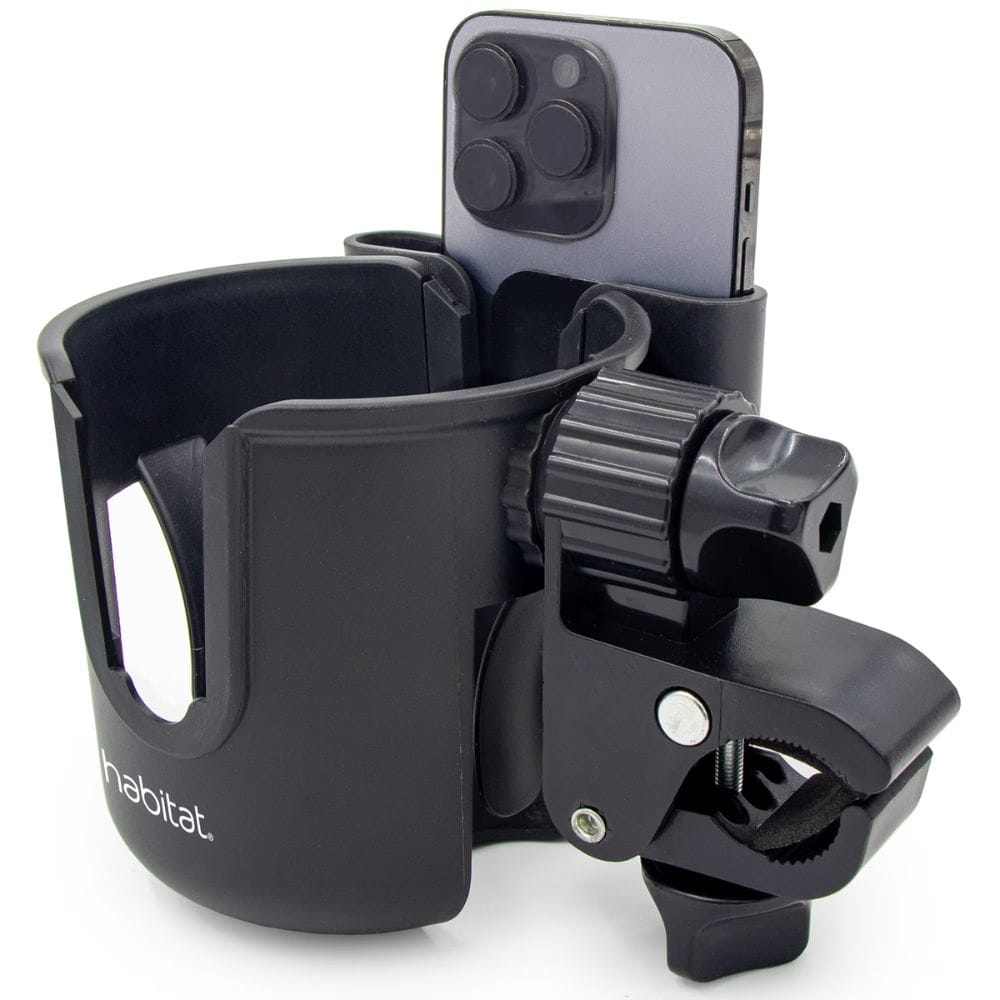 Black cup holder with phone mount on a white background