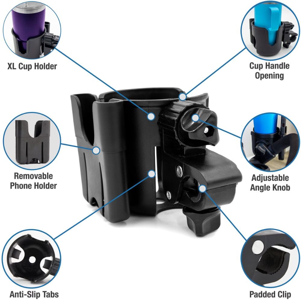 Multi-functional car cup holder with various attachments on a white background