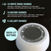 White noise machine with sound options listed on a black background