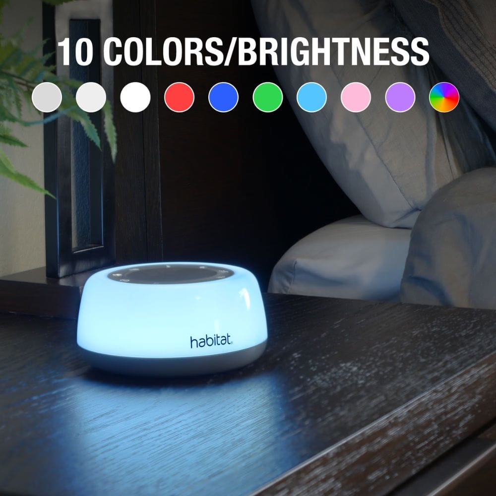 Habitat smart light bulb on a table with color options displayed above.