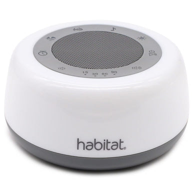 White and gray noise machine with 'habitat' branding on a white background
