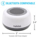 White and gray Bluetooth-compatible speaker with dimensions and USB power adapter information on a white background.