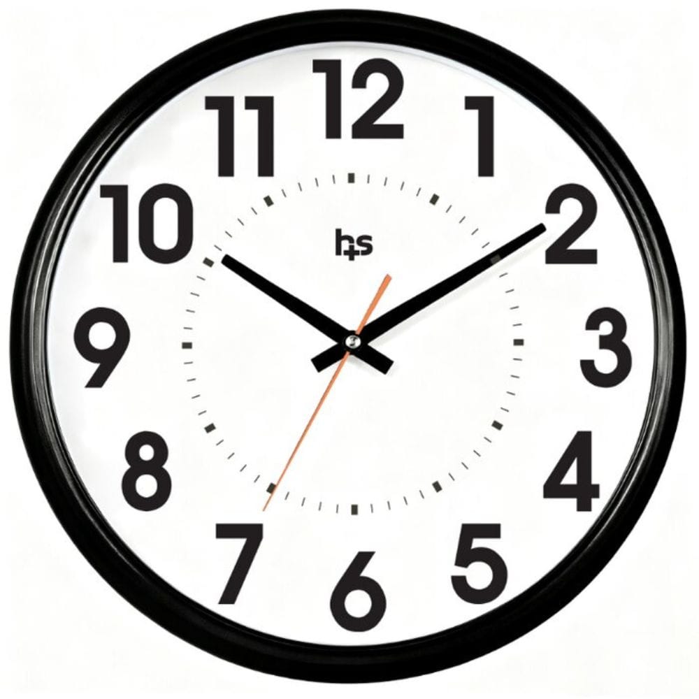 Wall clock with black frame and white face displaying the time.