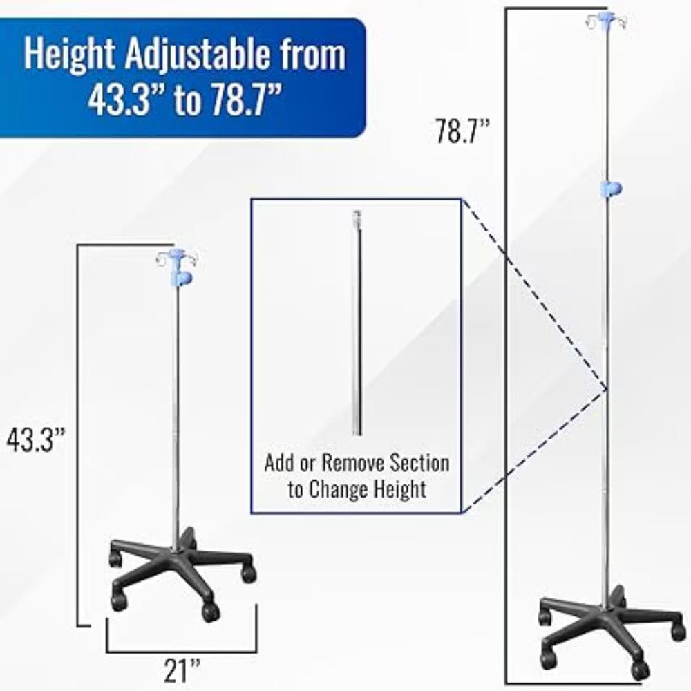 Adjustable IV pole stand with dimension callouts showing 43.3 inches to 78.