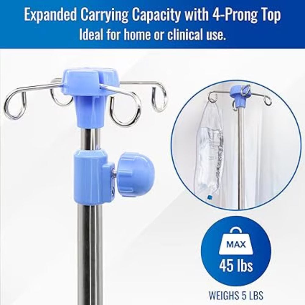 Blue and stainless steel IV pole stand with a 4-prong top, shown on a white background with marketing text and an inset circle demonstrating hanging an IV bag. Text reads: 'Expanded Carrying Capacity with 4-Prong Top Ideal for home or clinical use.