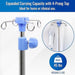 Blue and stainless steel IV pole stand with a 4-prong top, shown on a white background with marketing text and an inset circle demonstrating hanging an IV bag. Text reads: 'Expanded Carrying Capacity with 4-Prong Top Ideal for home or clinical use.