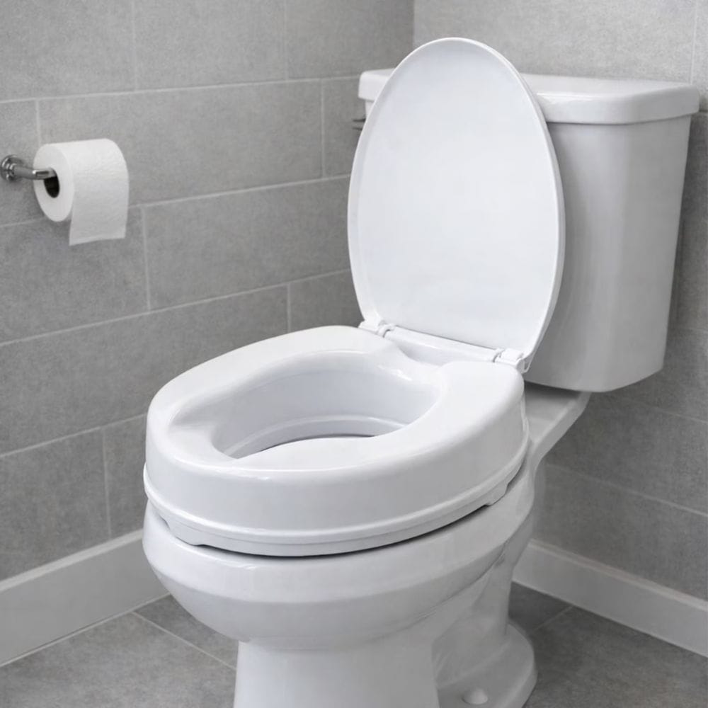 A white ceramic toilet with the lid open, set in a modern bathroom with gray tiled walls and floor.