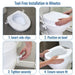 Four-panel installation guide showing how to fit a white toilet seat lid with side clips. The panels include labeled steps: insert side clips, position on bowl, tighten securely, and ensure secure fit, with hands visible in some panels.