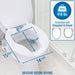 A white toilet with a seat lid open, overlaid with blue measurement arrows and dimensions for the bowl opening. An inset box in the top right shows the maximum weight as 418 lbs and compatibility with elongated and round toilets, with the text 'MEASURE BEFORE BUYING' at the bottom.