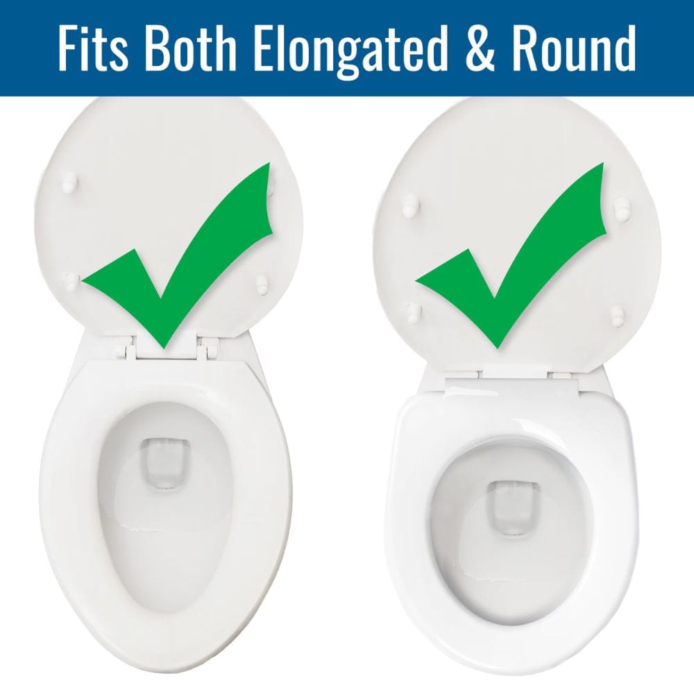 A white toilet seat lid with a green checkmark graphic, shown twice side by side on a white background with a blue banner at the top reading 'Fits Both Elongated & Round'.