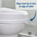 Close-up of a white toilet with a raised rim insert, shown in a bathroom setting with overlaid text reading 'Align front lip of riser to edge of toilet' and a blue arrow indicating placement.