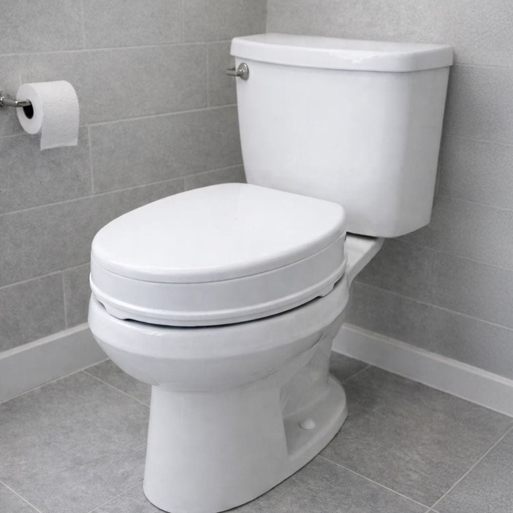 A white ceramic toilet with a closed lid and tank, shown in a bathroom setting with gray tiled walls and floor, a toilet paper holder with a roll, and white baseboards.