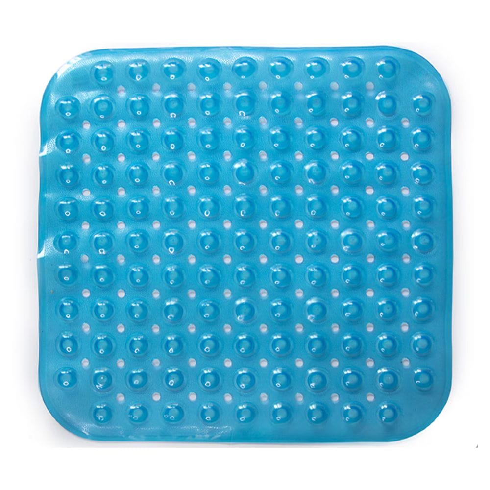 Blue gel seat cushion with a grid pattern on a white background