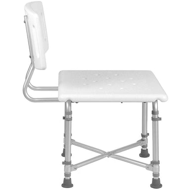 White adjustable shower chair with gray legs on a white background