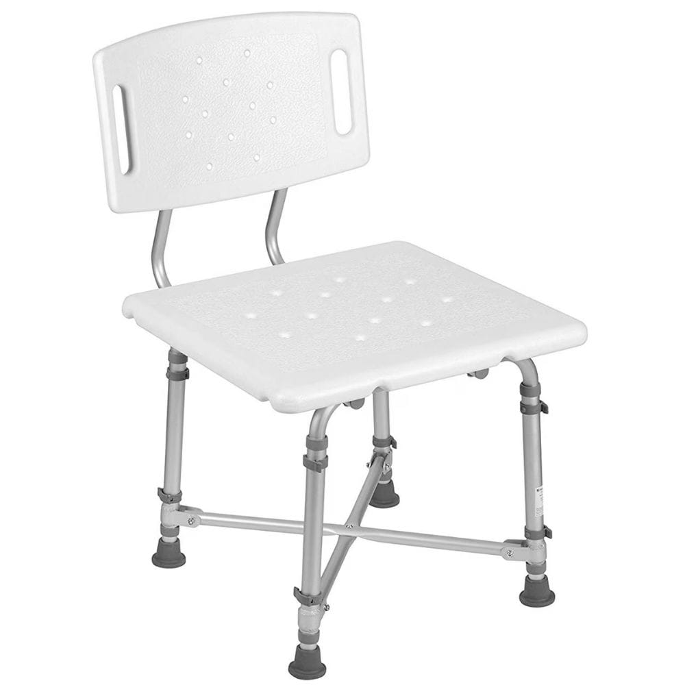 White shower chair with metal frame on a white background