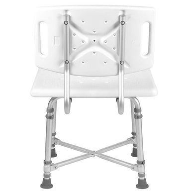 White shower chair with metal frame on a white background