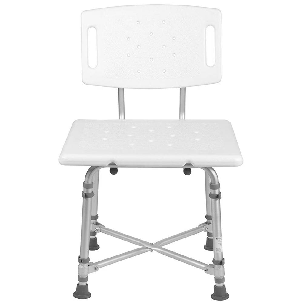 White shower chair with metal frame on a white background