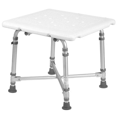 White adjustable shower bench with metal frame on a white background
