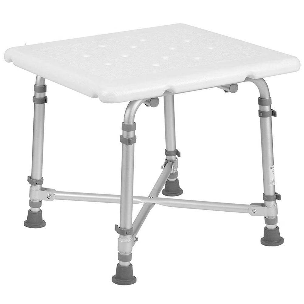 White adjustable shower seat with metal frame on a white background