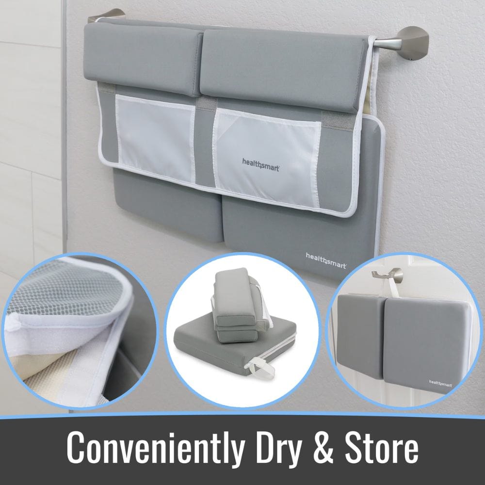 Gray and white towel rack with storage compartments on a tiled wall, featuring the brand 'healthsmart'.