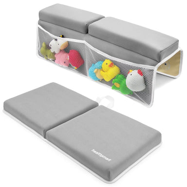 Gray children's play bench with toy storage compartment on a white background