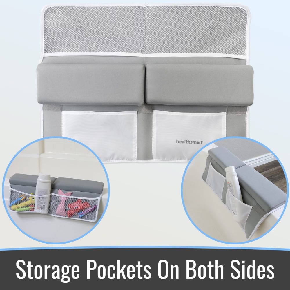 Gray crib with storage pockets on both sides, featuring the HealthSmart brand.