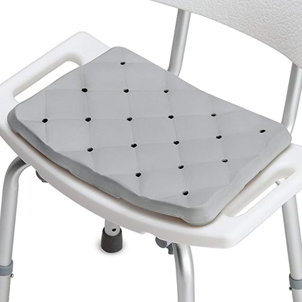 Gray shower seat with white frame on a white background