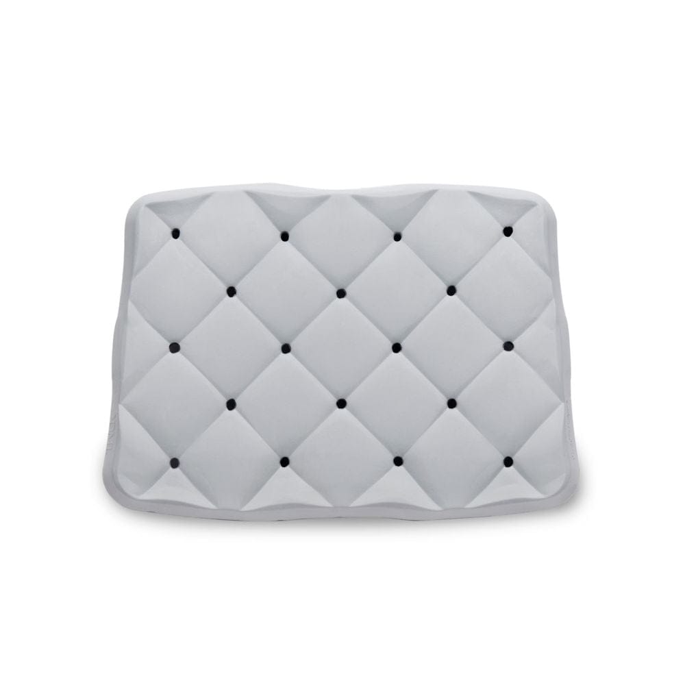Gray quilted mat with black diamond pattern on a white background
