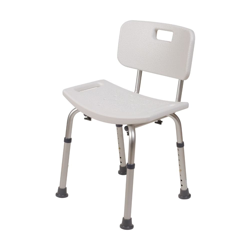 White shower chair with adjustable legs on a white background