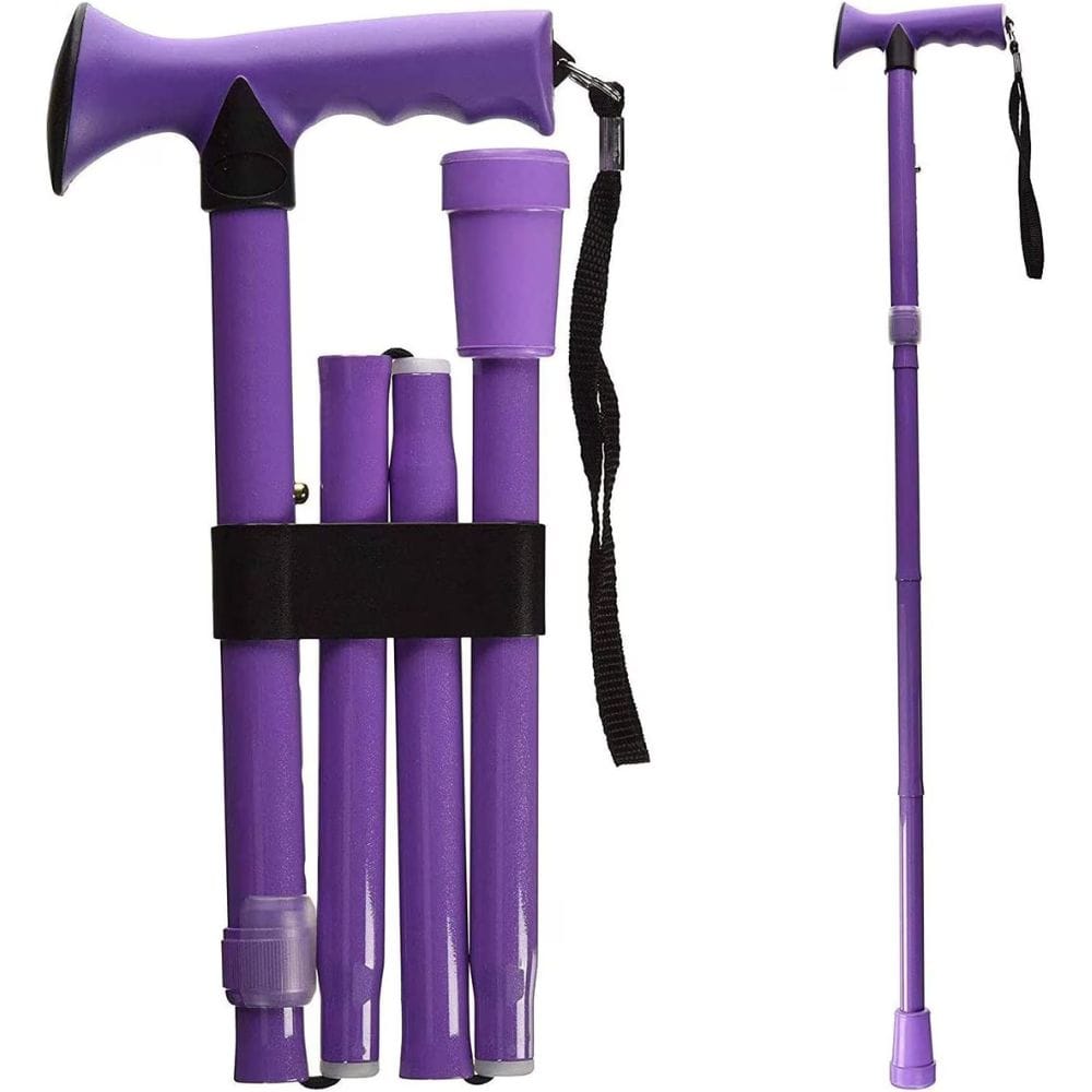 Purple adjustable walking cane with components on a white background